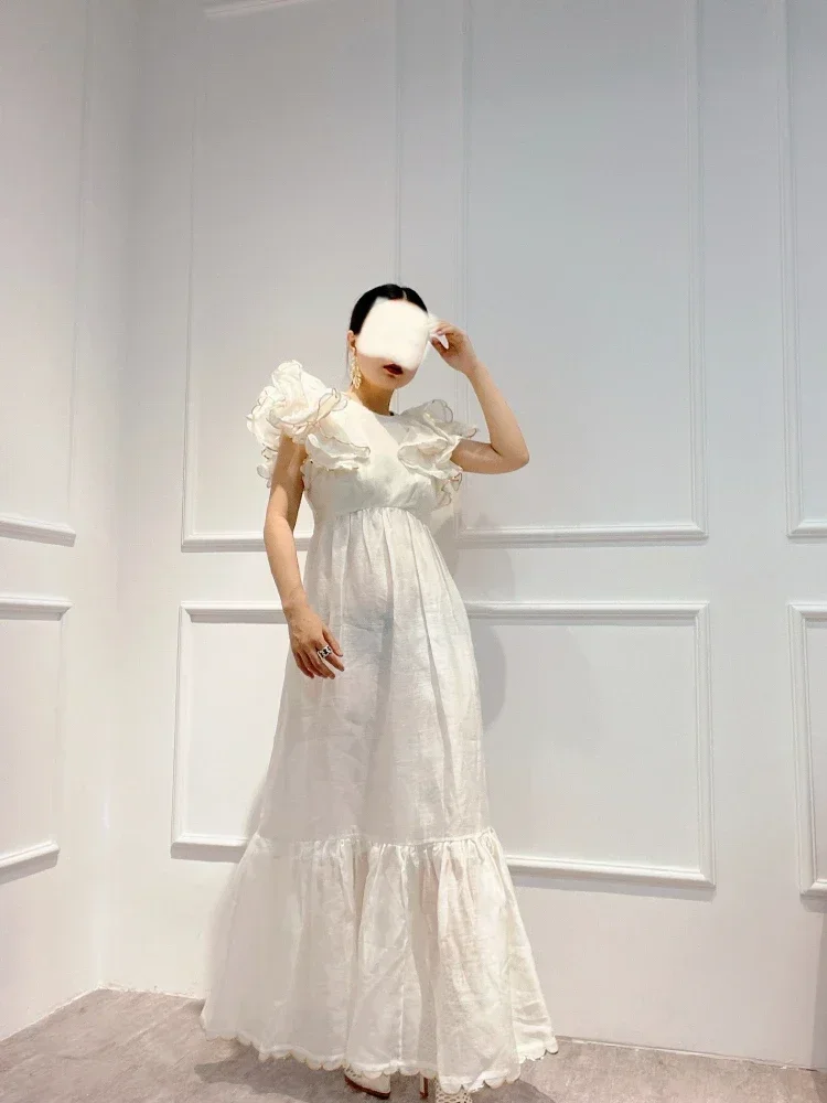 

Promotion Nature Silk Linen 2023 Summer Scream Metal Edge Ruffle Sleeve Long Dresses for Women