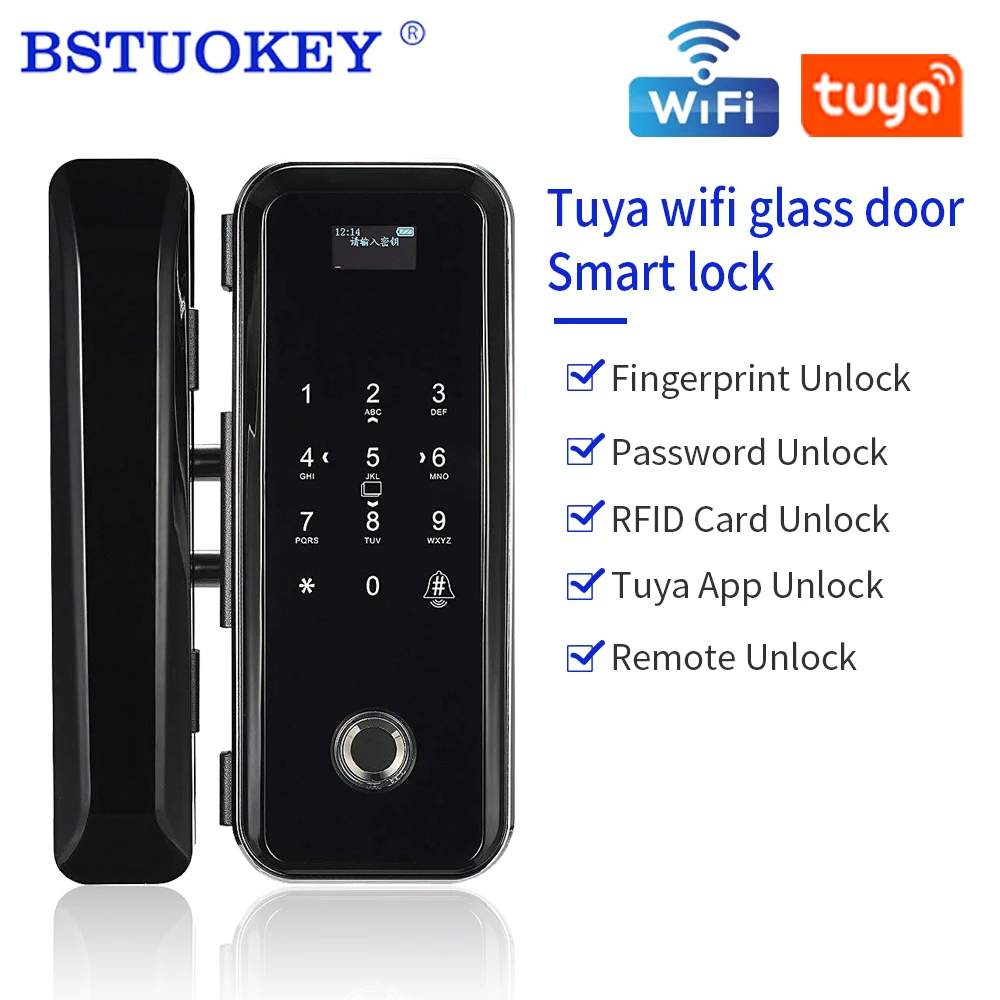 Fingerprint 2,4G Wifi Tuya APP RFID Karte Code Elektronische Smart Lock für Gerahmte Rahmenlose Glas Schiebetür Keyless Keine verdrahtung