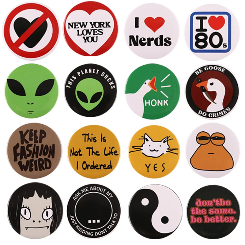 

Tinplate Soft Button Pin Universe Alien Duck Cat Cartoon Lapel Pin Round Decorative Jewelry Clothes Hat Backpack Brooches Gift