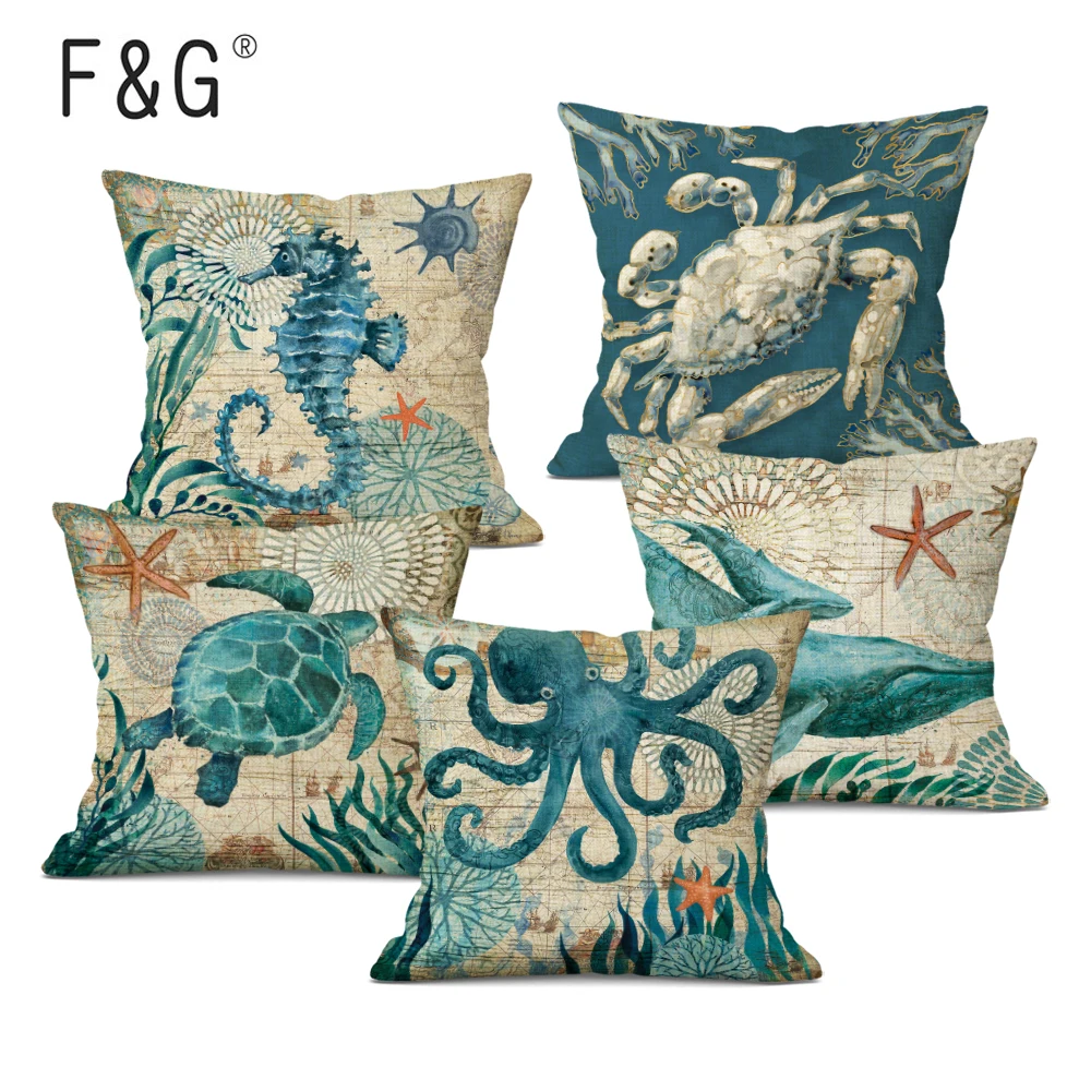 

F&G Sea Turtle Printed Linen Cushion Cover Marine Ocean Sea Horse Home Decor Pillowcase Octopus Sofa Throw Pillow Case