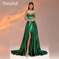 Thinyfull Modern Green Stain Evening Dress Sweetheart Spaghetti Straps Formal Party Dress Floor Length High Side Split Prom Gown