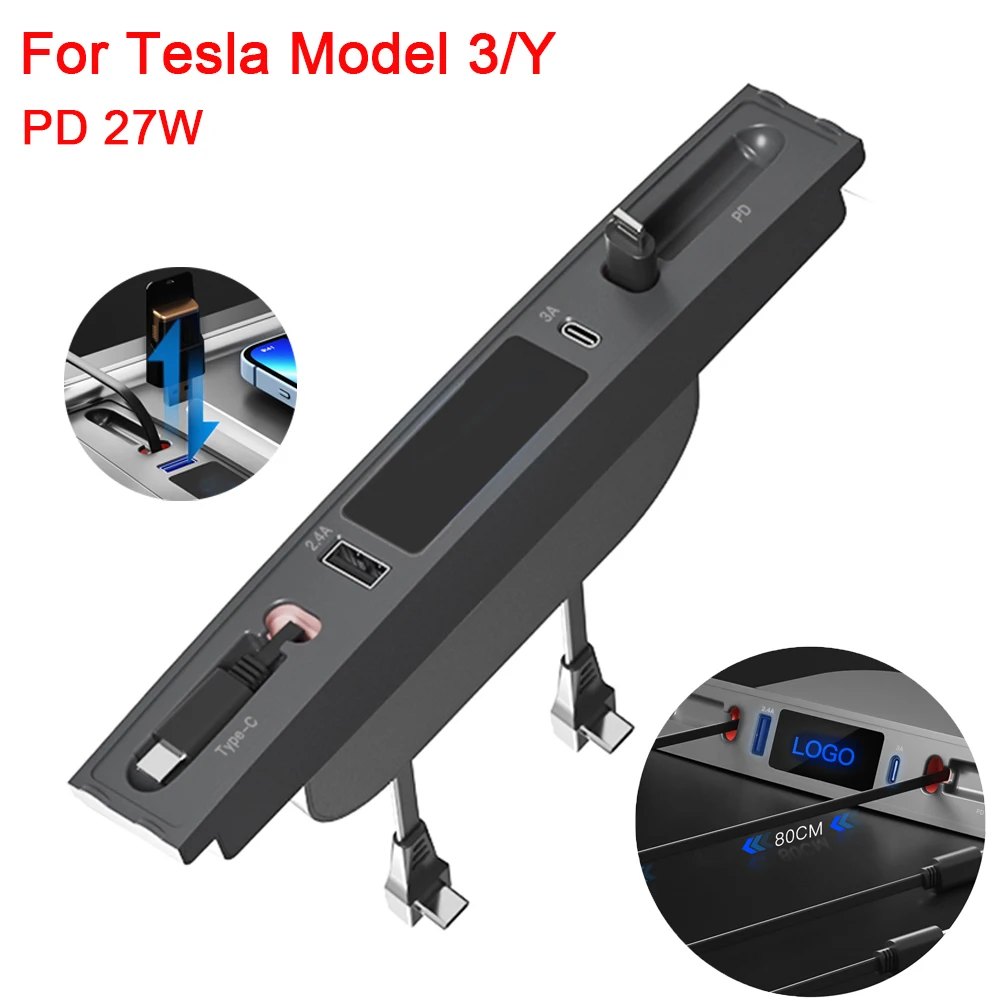 For Tesla Model 3 Y 2021 2022 Docking Station 27W Quick Charger PD Type C Car Adapter Powered Splitter Extension USB Shunt Hub