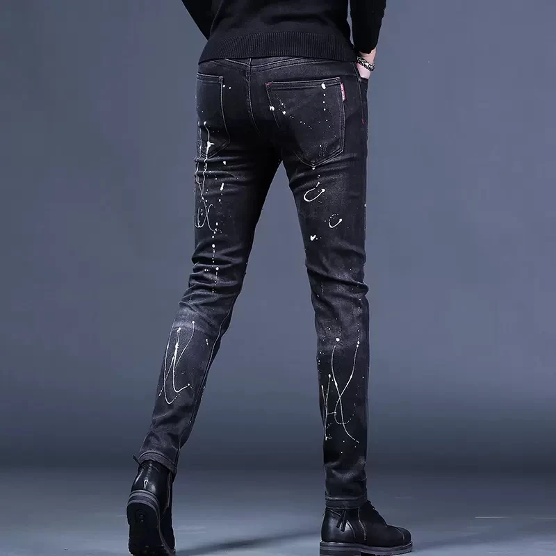 Autumn Ripped Patches Black Jeans Men Slim Fit Straight Pants Streetwear Fashion Dots Printed Stretch Denim Trousers CP2010