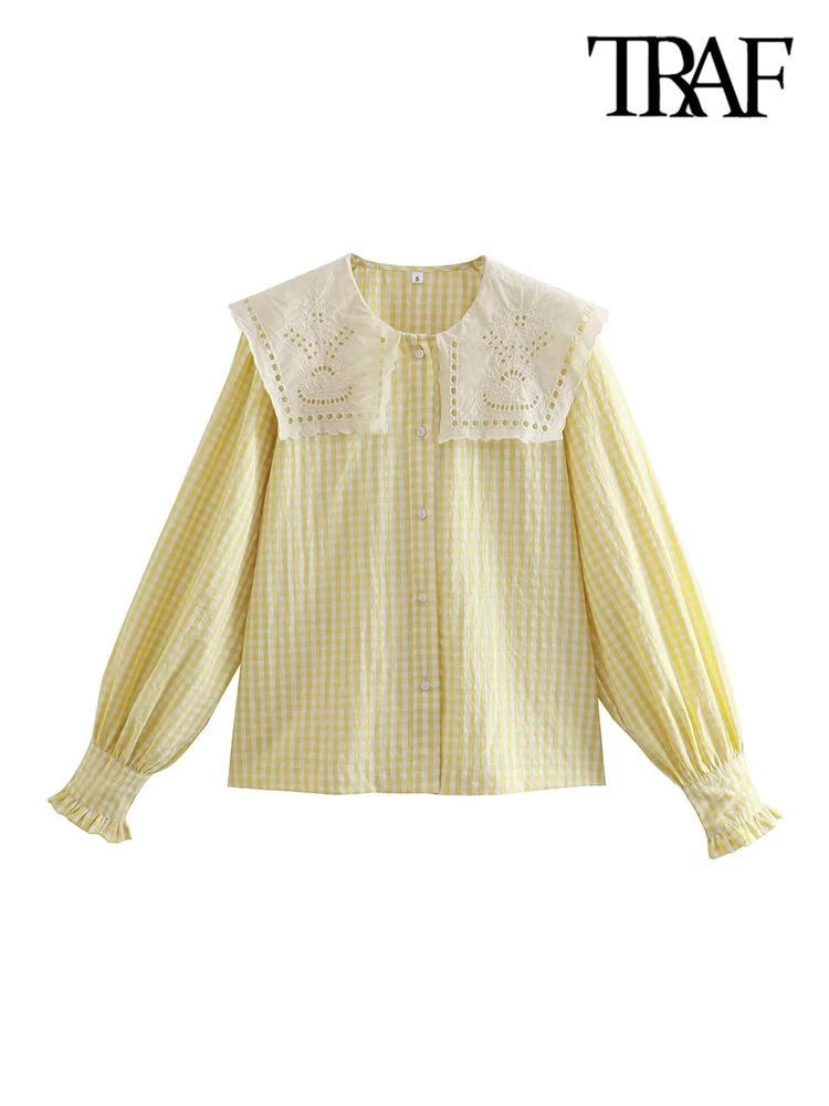 

Блузка женская с вышивкой, воротником-стойкой, длинным рукавом и пуговицами спереди