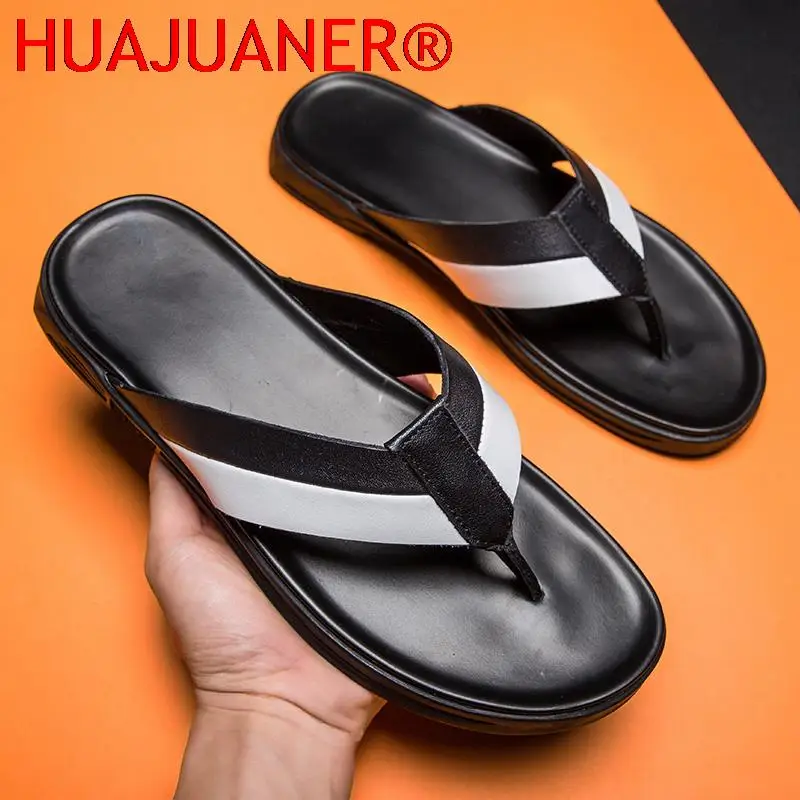 

Men's Flip Flops Fashion Slippers Beach Casual Genuine Leather Sandals Summer Shoes for Men Outside Slippers Pantuflas Hombre