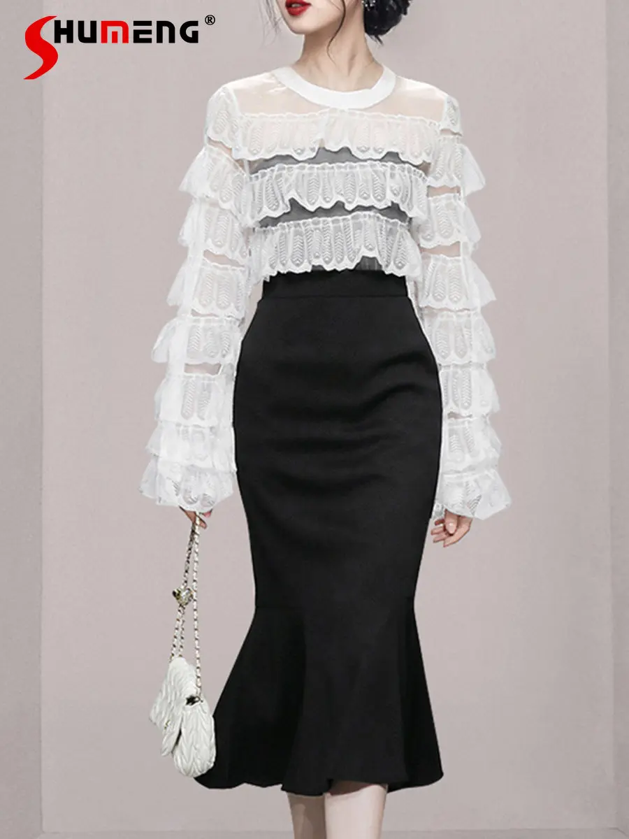 2022 Autumn Fashion Simple Round Neck White Lace Stitching Ruffles Top Women Black Elegant Mermaid Mid-calf Skirt Two-piece Sets