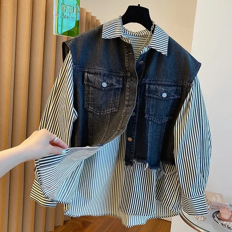 Женская рубашка из денима свободная блузка двух предметов большие размеры 4XL