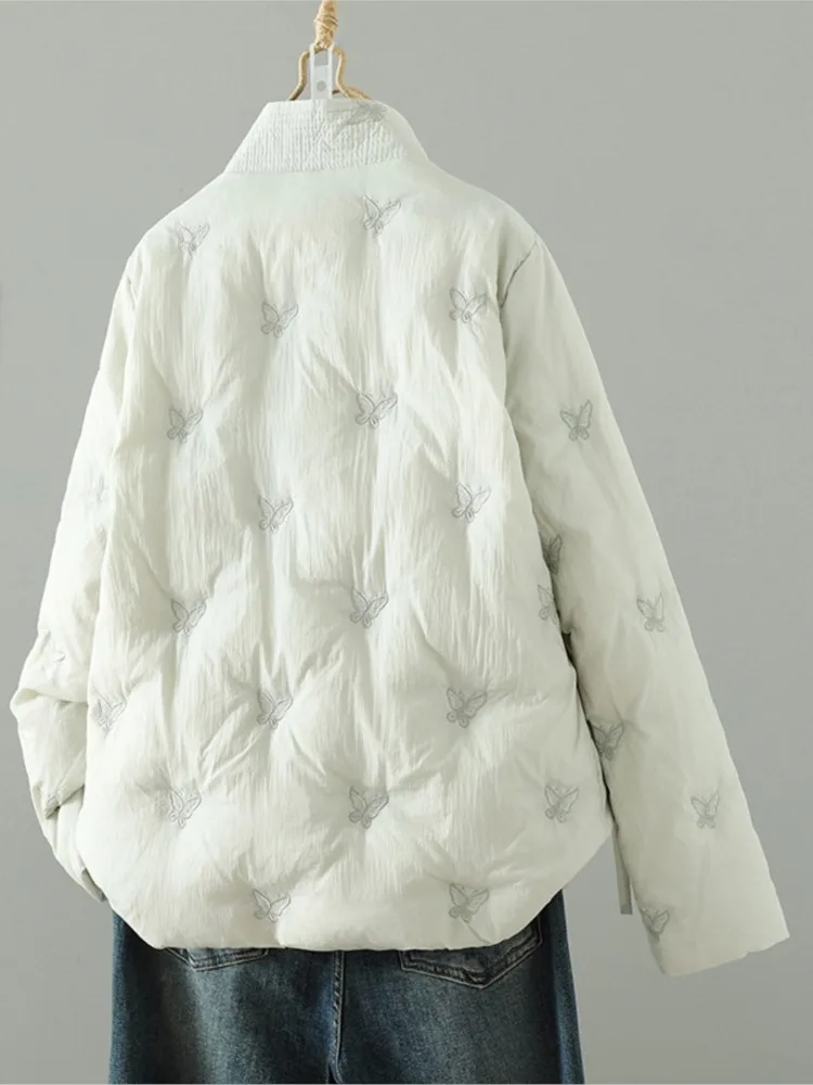 Oversized Butterfly Embroidery V-Neck Autumn Winter Padded Cotton Coat Women Loose Fashion Ladies Jackets Long Sleeve Woman