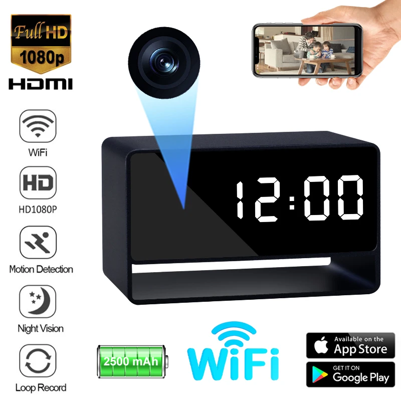 1080P WiFi камера Цифровые часы мини камера ночного видения приложение WIFI удаленный мониторинг видеокамера 140 градусов Домашняя безопасность живая камера