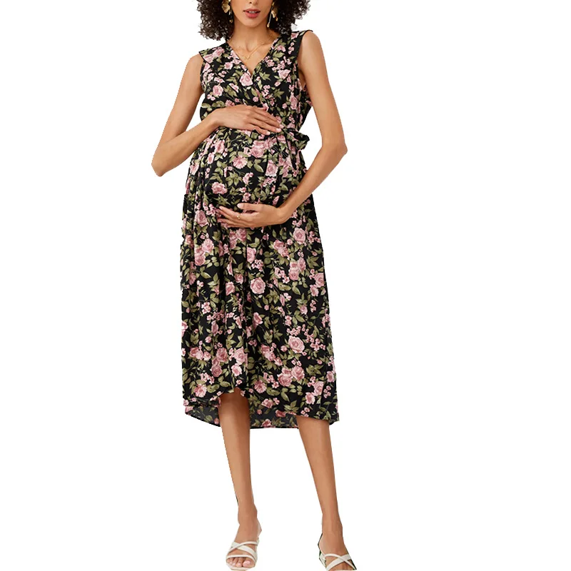 Summer Maternity Dresses Maternity Maxi Dress Plus Size Dress Ruffle V-neck Open Back Cotton Sleeveless Floral Pregnancy Dress enlarge