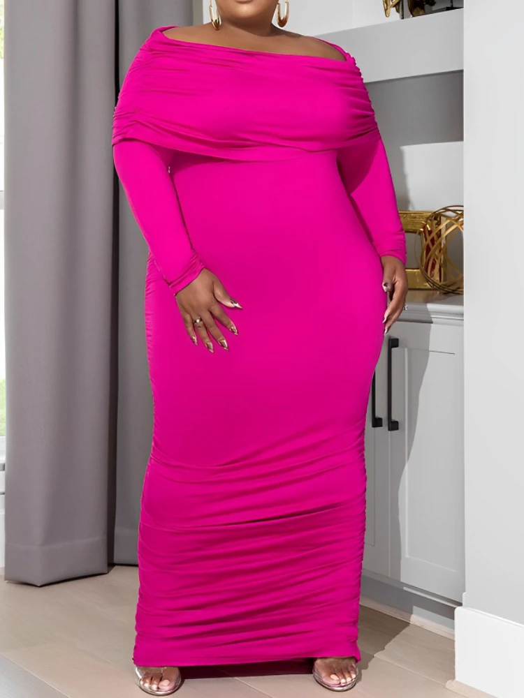 Plus Size 5XL Maxi Dresses for Women 2023 Rose African Long Sleeve Pleated Robes Party Autumn Solid Color slim fit Long Vestidos