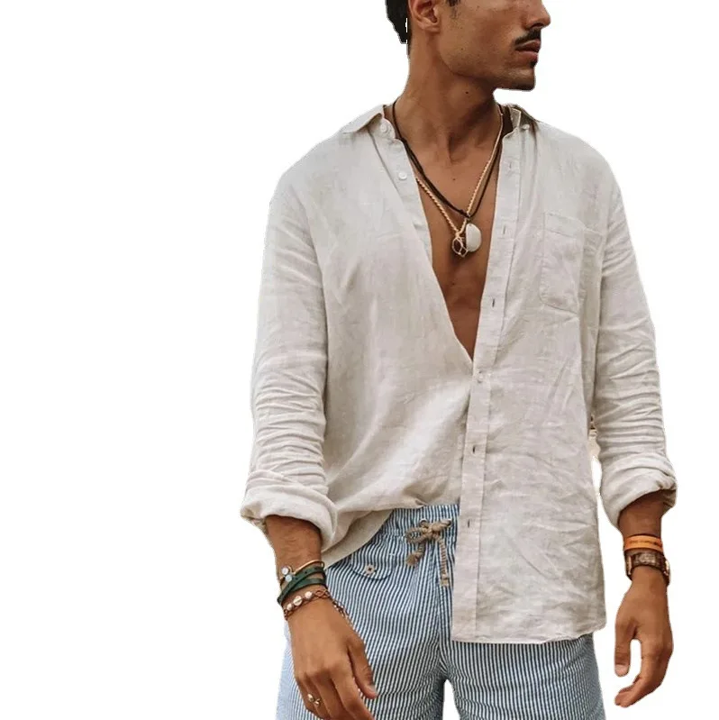 Mattswag Cotton Linen Solid Color Long Sleeve For Men Spring Autumn Fashion Breathable Men's Clothing Casual Loose Camisa Hombre