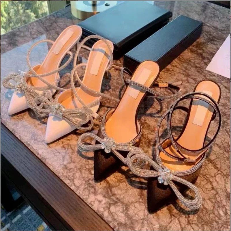 

New Women's High Heel Sandals Rhinestone Woman Pump Crystal Bowknot Ankle Strap Ladies Prom Shoes Women 2022 Female Footwear