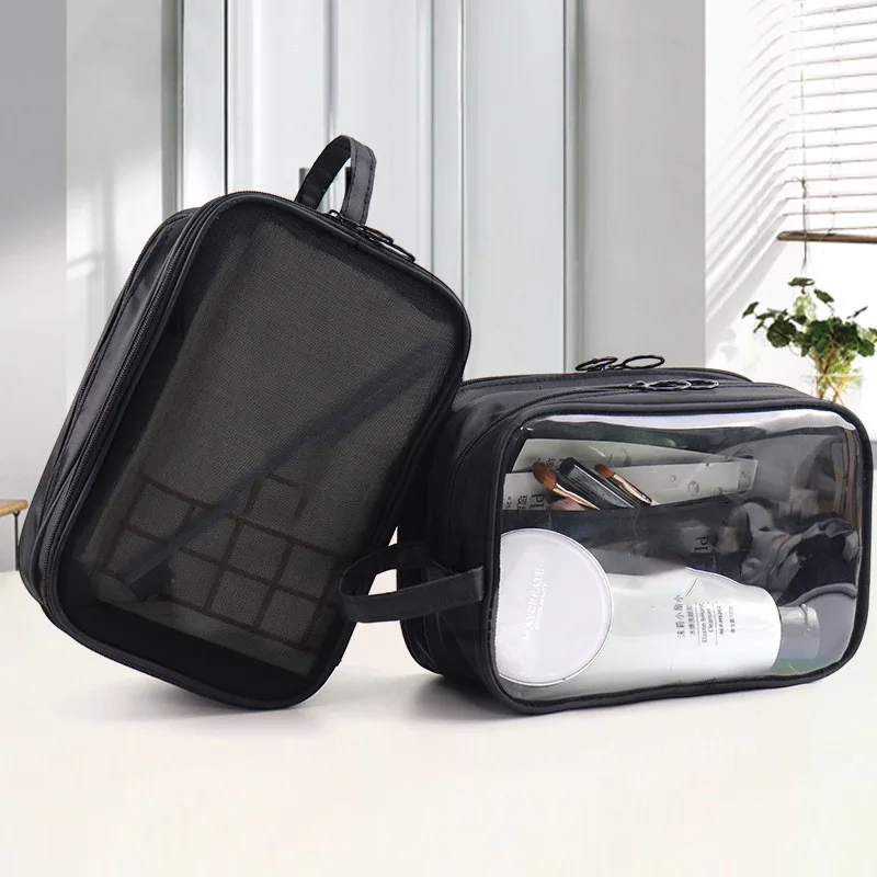 

1pc Double Layer Black Mesh PVC Toiletry Pouch Large Capacity Mesh Cosmetic Travel Bag Makeup Organizer Bag Outdoor Travel