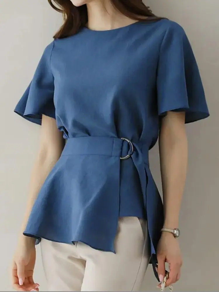 

ZANZEA 2023 Summer Fashion Blusas Ruffled Short Sleeve Peplum Tops Elegant Belted Wrap Blouse Korean Style Women Casual Tunics