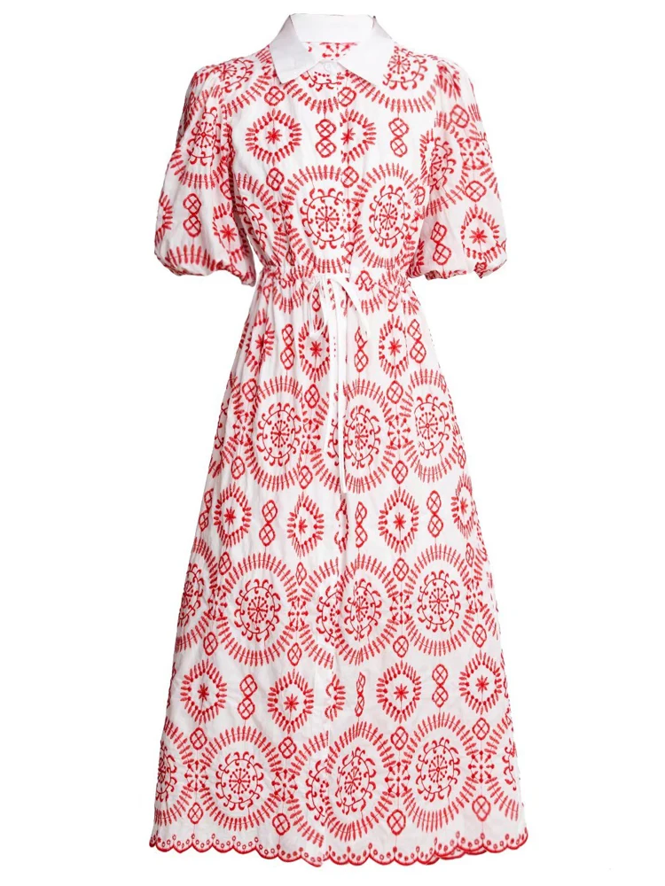 

Designer New Women's Summer Vintage Fashion High Quality Elegant Vacation High Street Casual Party Embroidered Shirts Midi Dress