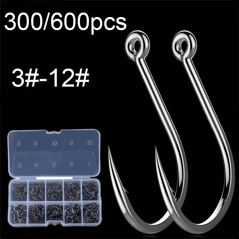 

300/600pcs High Carbon Steel Fishing Hooks Barbed Set 3#-12# Fishhook With Hole Kit Sea Fishing Hook Set Sharp Hooks For Fishing