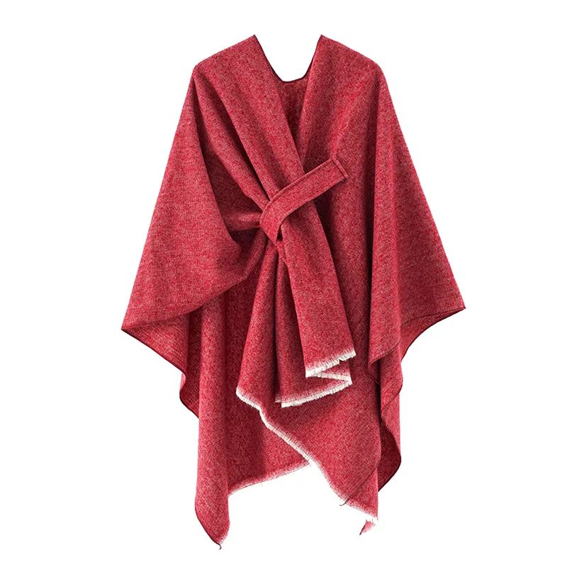 

Autumn Winter Women Faux Cashmere Knitted Shawl Solid Color Large Split Shawl Elegant Loose Thick Warmth Cloak Coat 2023 New