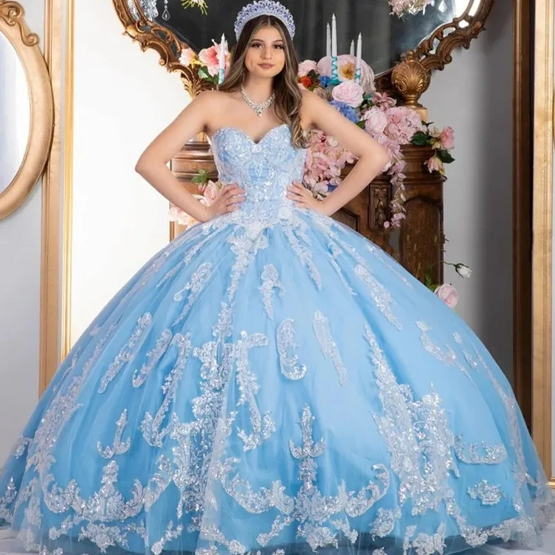 

Sweetheart Sky Blue Sweet 16 Quinceanera Dresses Sequins Lace Applique