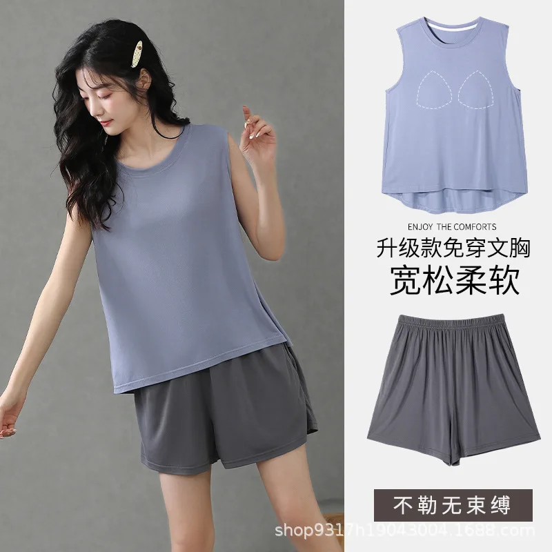 Summer Pajamas for Women New Ice Silk Thin Cool Feeling Sleeveless Sexy Sleepwear Simple Comfortable Style Round Neck Loungewear