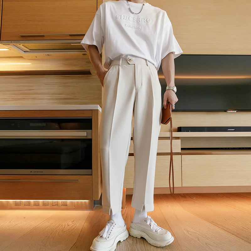

Men Clothing New Sense of Design Split Fork White Casual Pants Loose Temperament Versatile Nine Points Suit Pants Autumn Female