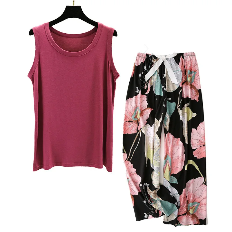 Women's Homewear Pajamas Set Sleeveless Long Pants Flower Print Fashion Pyjama Big Size Cozy Cotton PJS