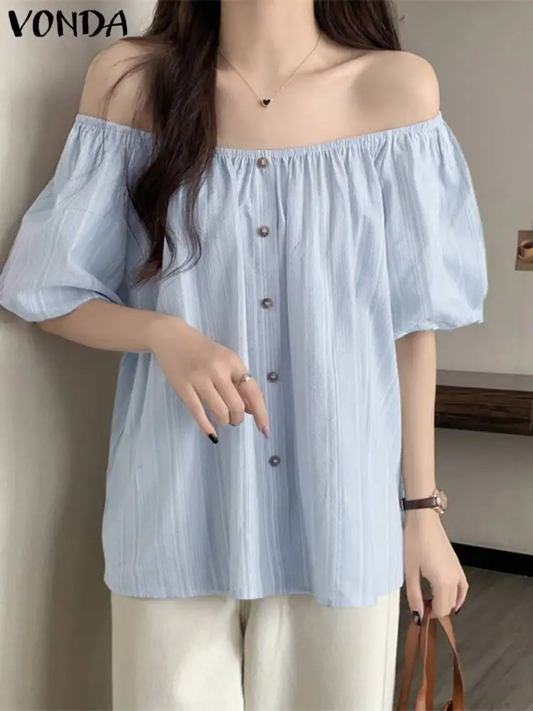 

Women Loose Shirts 2023 VONDA Summer Short Sleeve Striped Vintage Blouse Round Neck Buttons Casual Tunic Tops Elegant Blusas