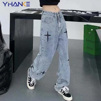 streetwear cross embroidery jeans woman high waist y2k straight baggy pants korean fashion versatile casual denim trousers