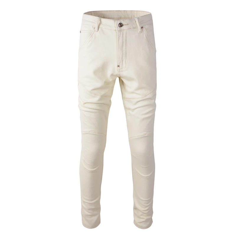 Jeans Beige White Elastic Slim Fit Spliced Designer Biker Je