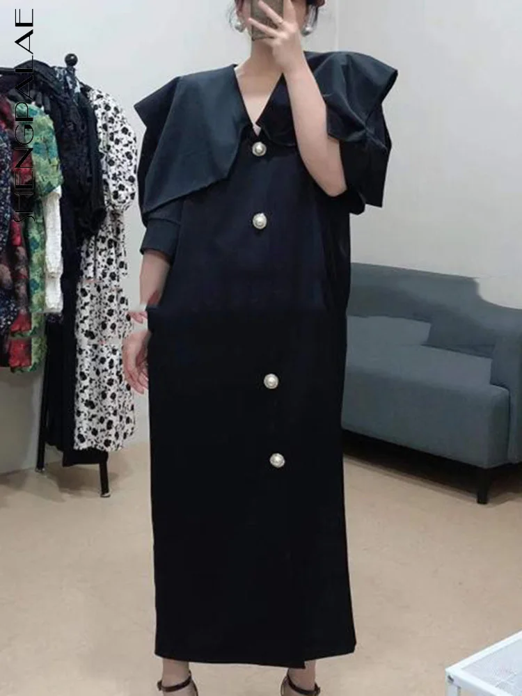 

SHENGPALAE Fashion Solid Dress Women's 2022 New V-neck Single Breasted Loose Short Sleeve Mid-calf Dresses Female Tide 5W706