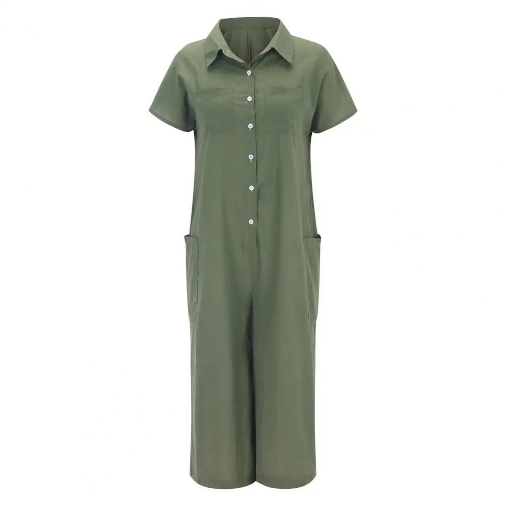 Women Rompers Summer Solid Color Button Lapel Shirts Short Sleeve Cotton Linen Jumpsuit Wide Leg Pants Overall