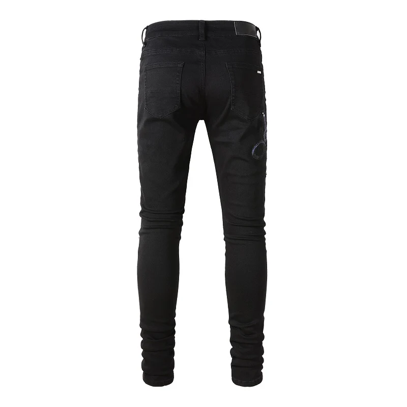 New Arrivals Steetwear Style Skinny Stretch Holes Black Embroidered Snake Patch Slim High Street Distressed Ripped Jeans