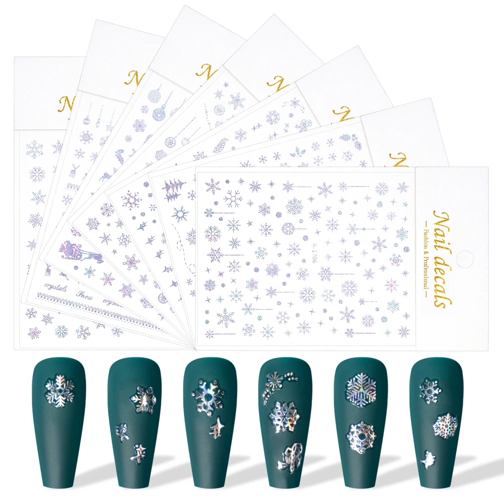 

12 шт./лот лазерная наклейка снежинка украшение для ногтей Рождество 3D снежинки наклейки для ногтей слайдер клейкая наклейка для маникюра # S1