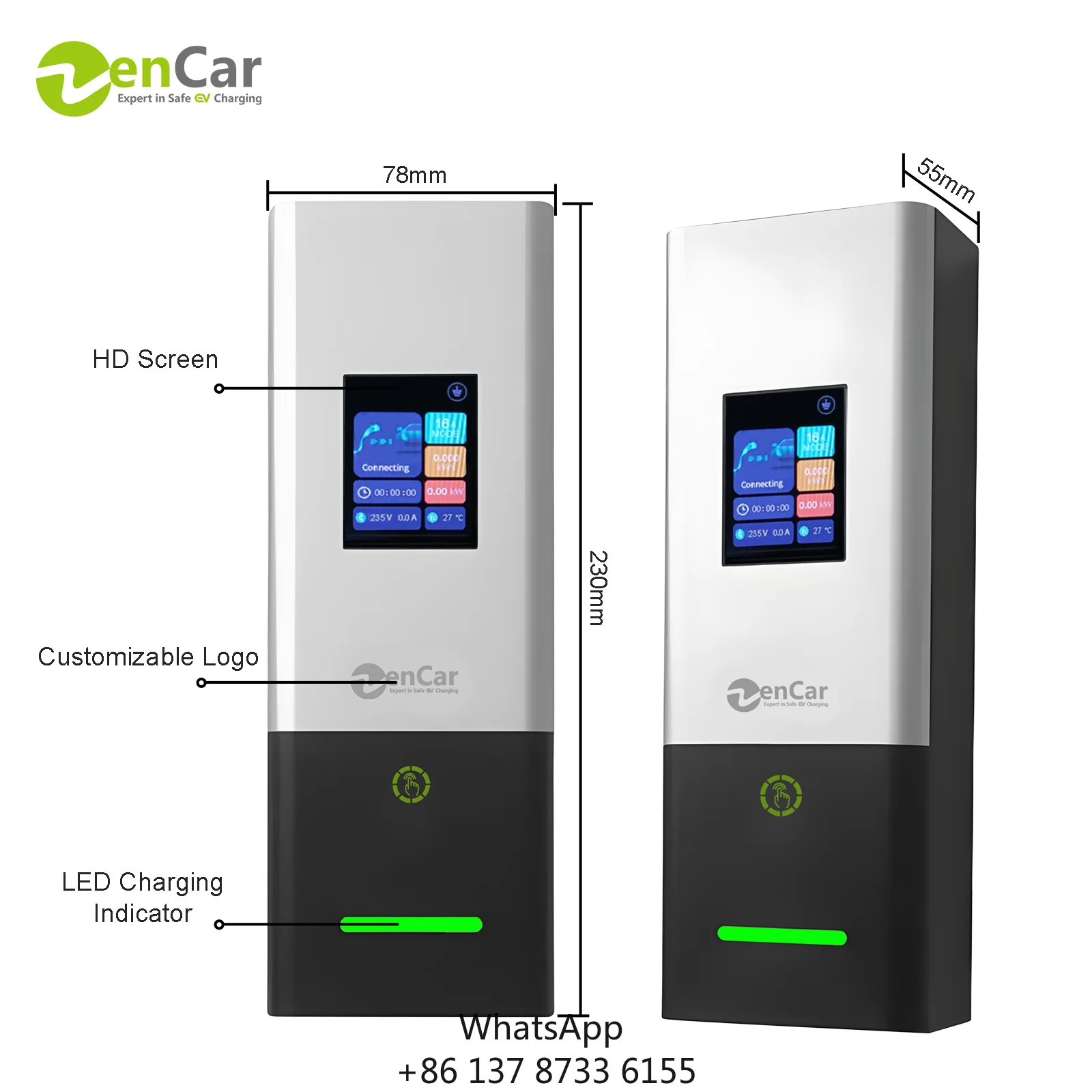 Фото Портативное зарядное устройство для электромобилей ODM OEM 32A Zencar, новейшая модель C20, 7.4 кВт, стандарт NACS, 220В, 1 фаза, цветной ЖК-дисплей 2.8 дюйма №1