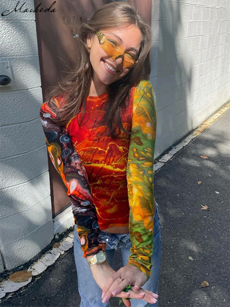 

Macheda/Осенняя футболка с вышивкой в виде столкновений Популярный Уличный цветной топ для девочек, модный универсальный топ с длинными рукава...