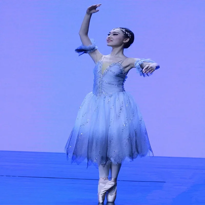 Голубое балетное платье длинное фатиновое для взрослых Женский балетный костюм
