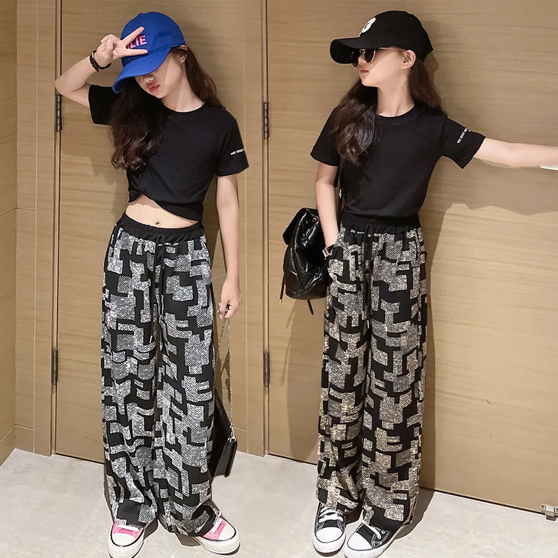 

Летняя одежда для девочек, наряды, Детские комплекты, короткий свитшот, футболка + клетчатые широкие брюки, брюки