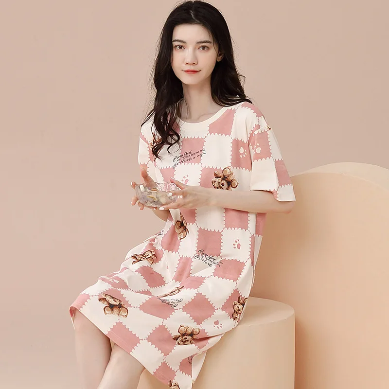 Nightdress Women's Summer Thin Cartoon Girl with Round Neck Cotton Short-sleeved Sleepwear Ladies Home Service One-piece Skirt