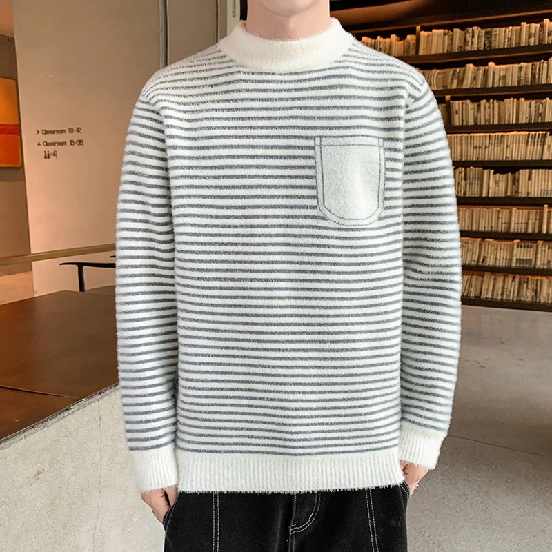 Men's Sweater 2023 Winter Mink Trend Fashion Thickened Striped Line with Top Knit Bottom M-3xl