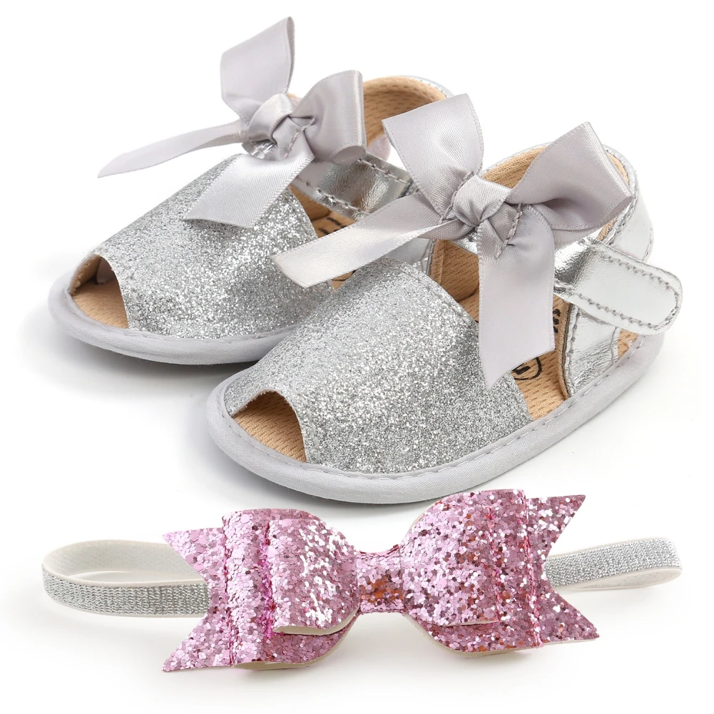 

Jlong Baby Girl Sparkle Sandals + Headband Casual First Walker 0-18 Months Newborn Soft Anti-Slip Infant Sequins Bow Shoes