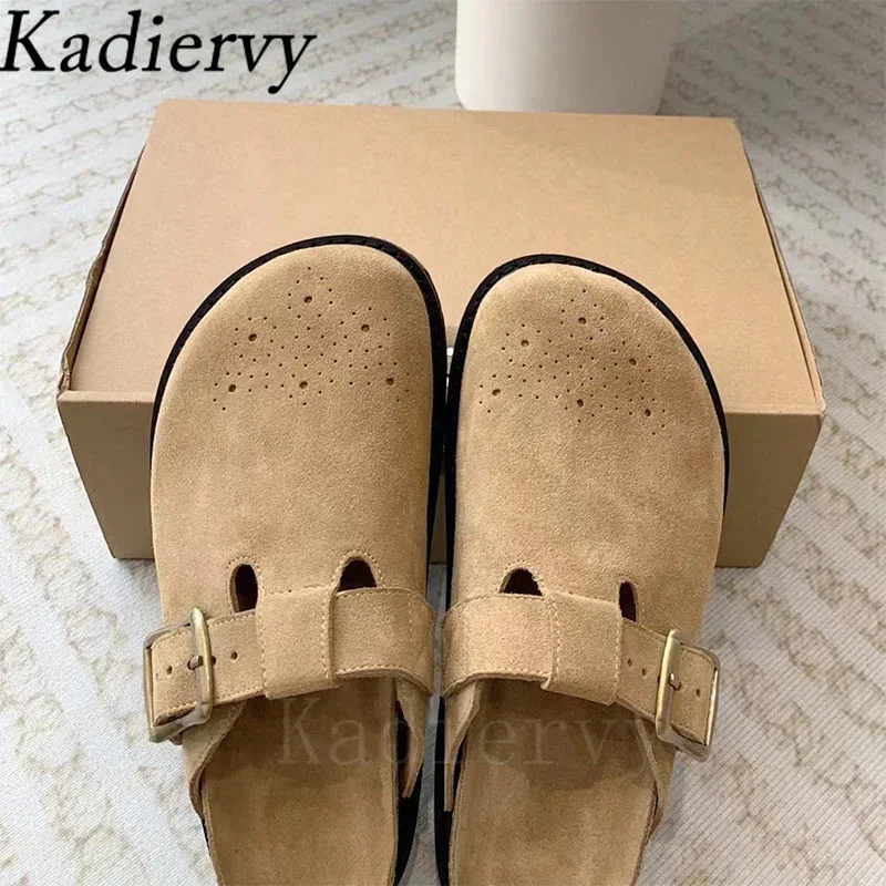 Шлепанцы женские из нубука люксовые туфли на плоской подошве круглый носок