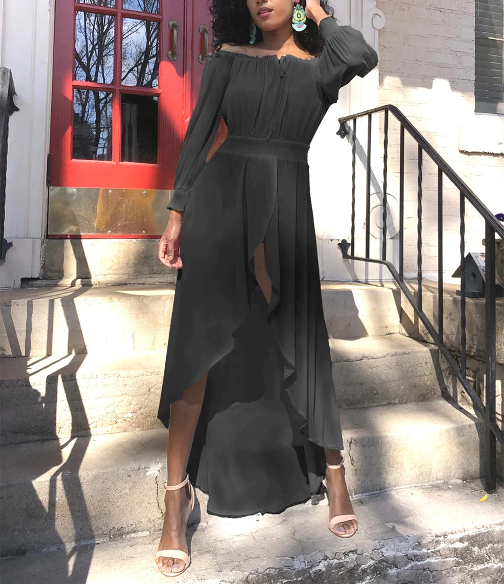 

2021 Women new Dress Fashion Slim Thin Section Pure Color Chiffon Long Sleeve Casual Long Street Irregular Dress