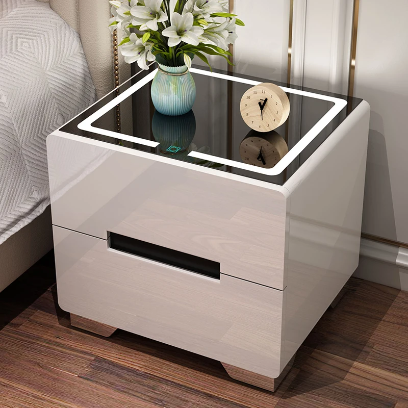 

Simple modern bedroom storage cabinet Nordic multifunctional white paint intelligent bedside table bedside table with lights