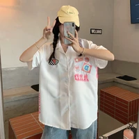 embroidered badge shirt women high street style lapel short sleeved top 2022 summer casual white blouse