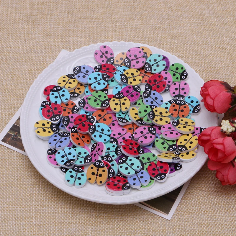 

100Pcs Wood Ladybug Handmade 2 Holes Wooden Buttons Sewing Scrapbooking DIY