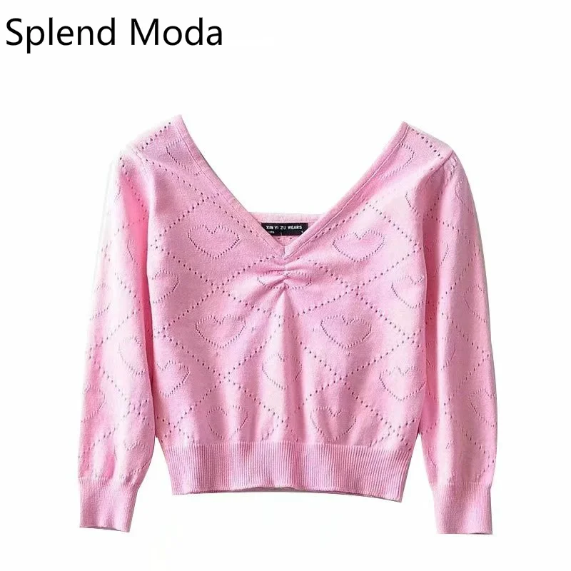 

2020 fall vintage V-neck folds pink peach heart hollow knit sweaters thin 3/4 sleeve short crop tops pullover jumpers for woman