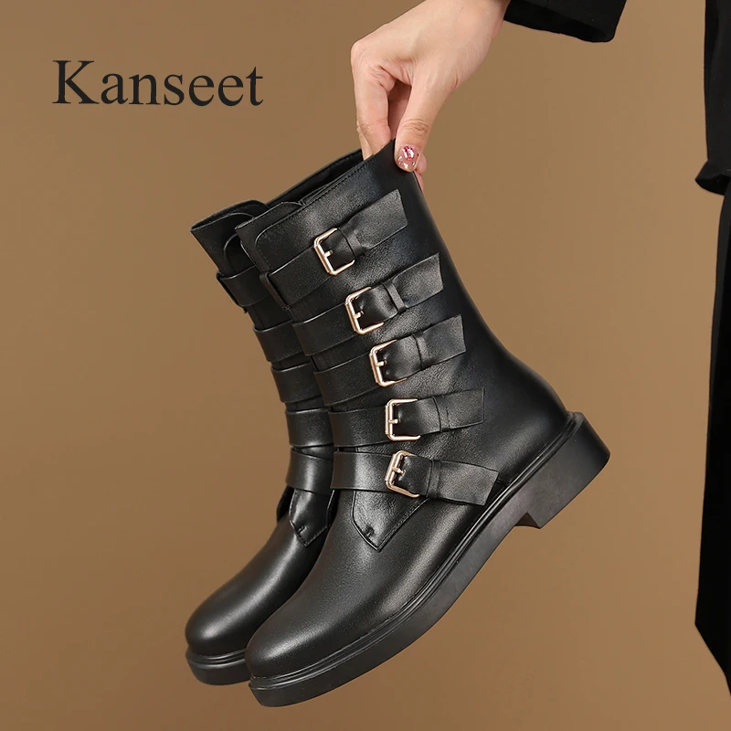 

Kanseet Real Leather Mid-Calf Boots Women Round Toe Belt Buckle Decoration Low Heels Boots 2022 Autumn Winter Shoes Big Sizes 43