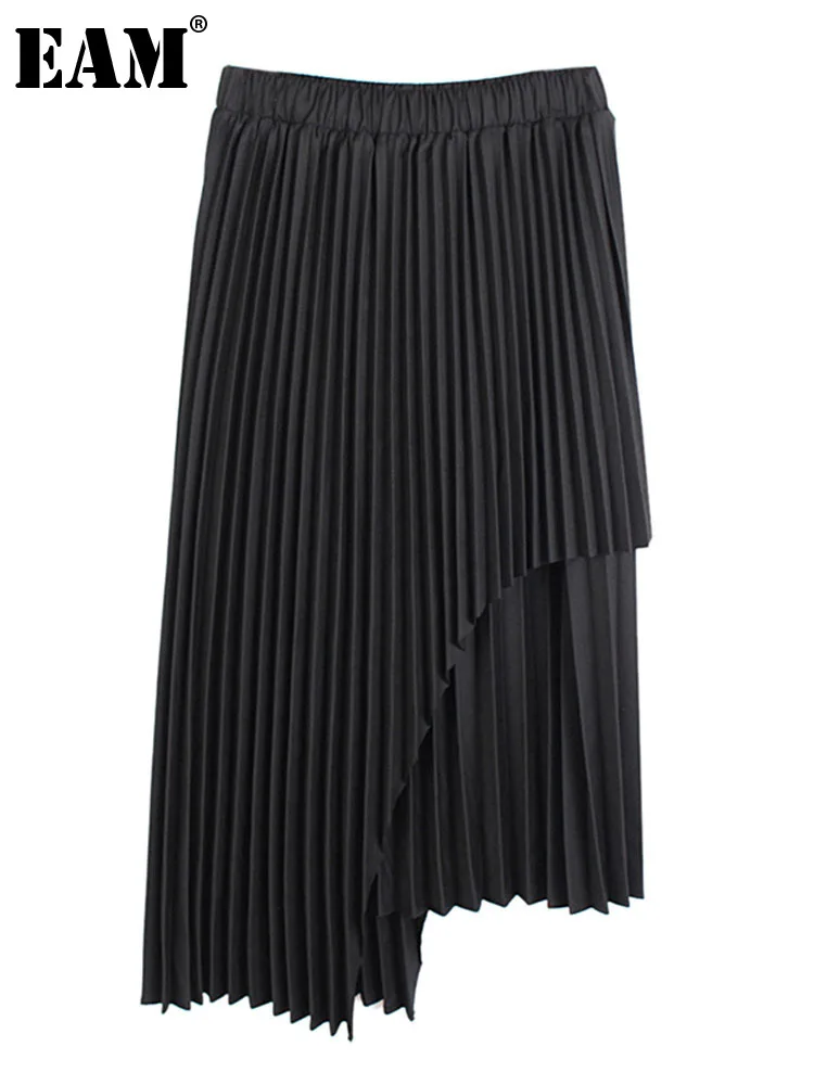 

[EAM] High Elastic Waist Black Irregular Pleated Casual Half-body Skirt Women Fashion Tide New Spring Autumn 2022 1DE7252