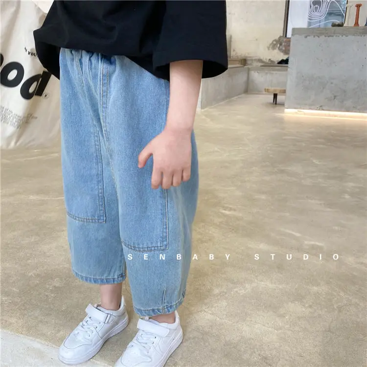 

Джинсы для девочек 2021, хлопковые Свободные повседневные детские джинсовые брюки, новинка, однотонные корейские простые осенние цветные брю...