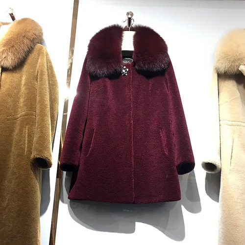 

Women Wool Fur Winter Coat Clothes Elegent Office Lady Fur Jacket Real Fox Fur Collar Mid-length Coat Warm Fur Coats Jacket Zm